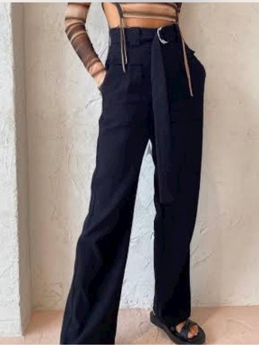 Archie Pant - Black High-Waist Wide-Leg Trousers with Tie Belt - size 6